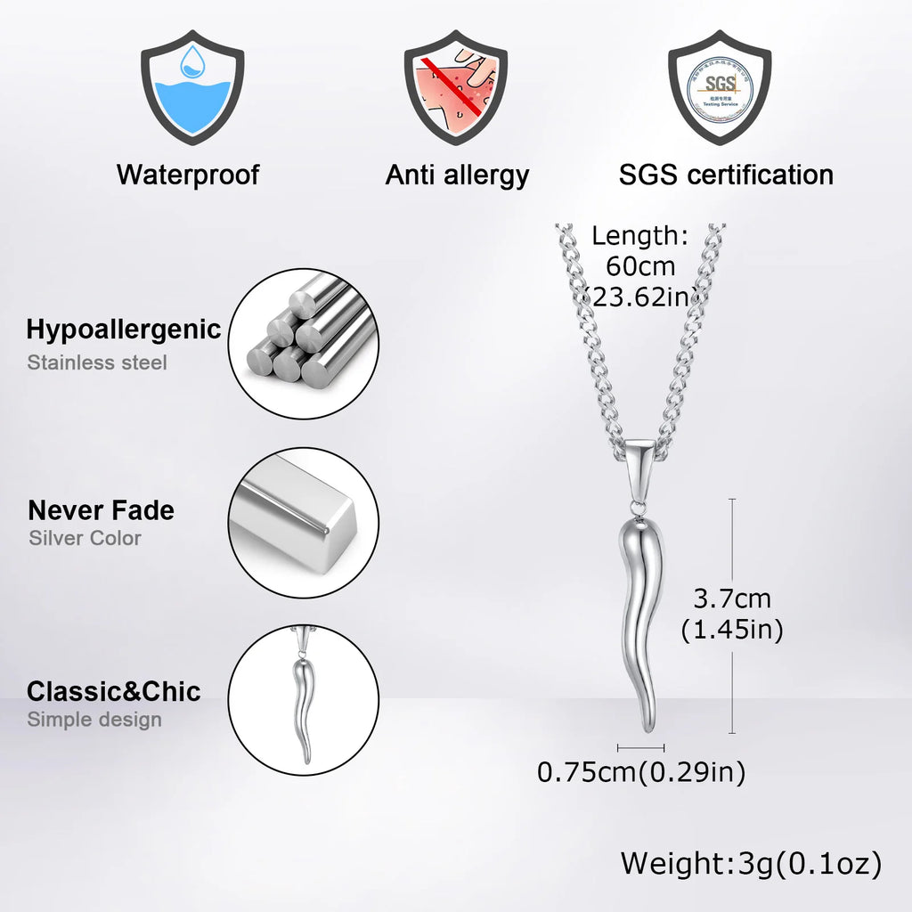 Italian Horn Charm Pendant Necklace — Stainless Steel