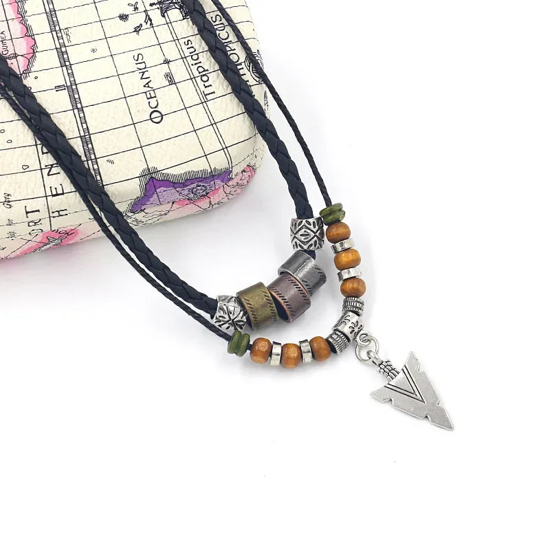 Collana Uomo Artificial Leather Rope Beaded Necklace Men Collier Homme Arrow Pendant Necklace For Men Jewelry Collar