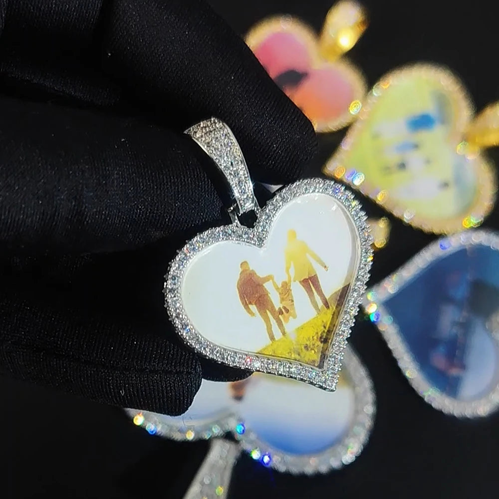 Iced Out Heart Photo Pendant Necklace