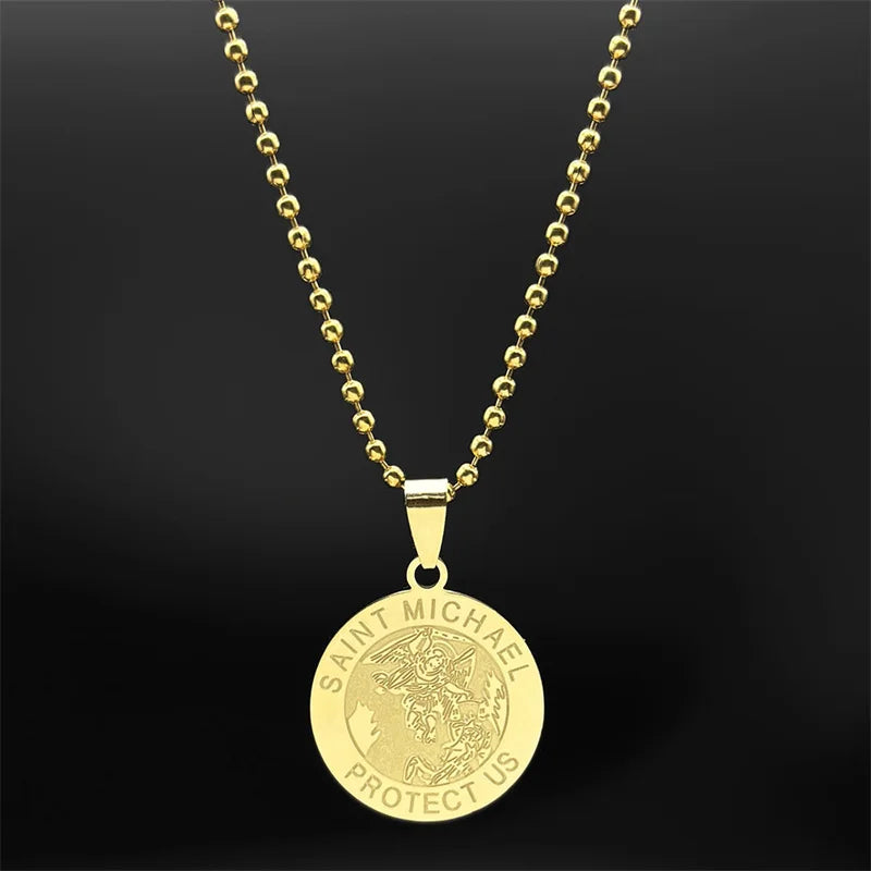 Gold Pendant Saint Michael Protect Archangel Round