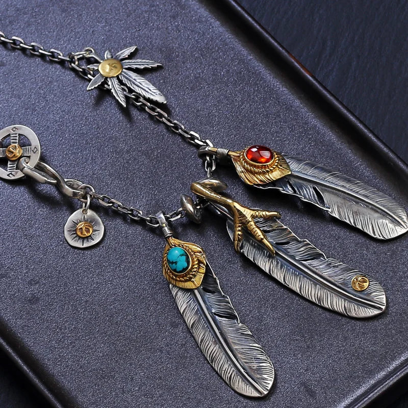 HX Silver Color Taiko Chain Set Chain Style Turquoise Feather Necklace Women's Sweater Chain Fashion Jewelry Accessories