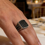 1Pcs Retro Silvery Black Zircon Signet Ring Men's Polished Stainless Steel Closed Band Daily Wear Jewelry Gift