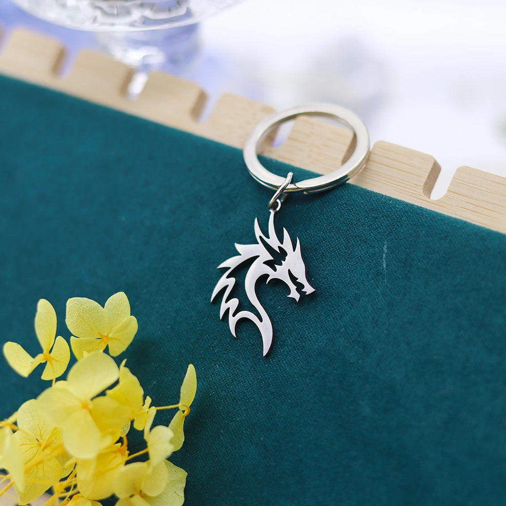 Gothic Flame Dragon Head Pendant Keychains for Men Women Stainless Steel Gold/Silver Color Keyrings Accessories Punk Jewelry