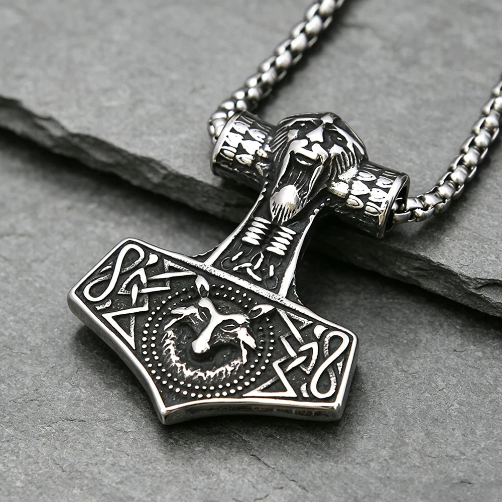 Stainless Steel Vintage Viking Thor's Hammer Wolf Pendant Necklace Norse Punk Amulet Jewelry Men Gift