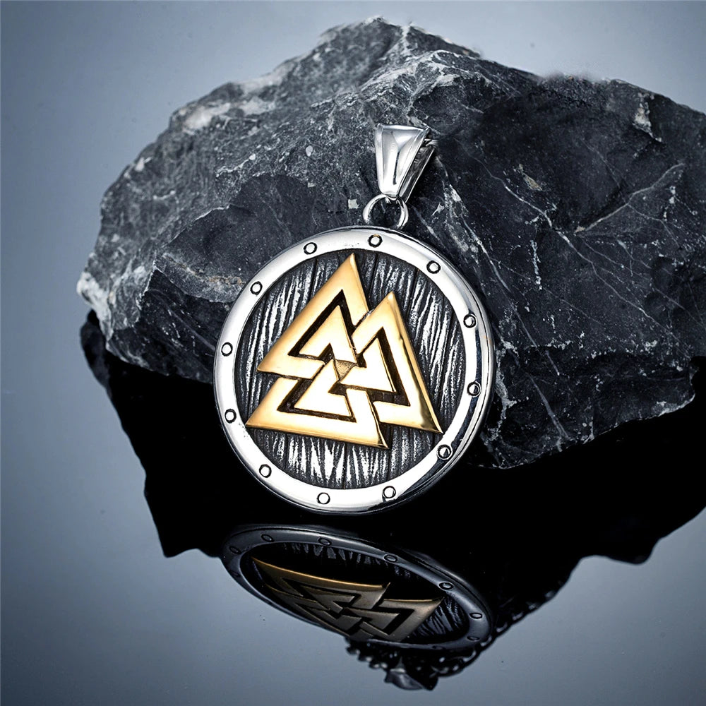 Norse Mythology Valknut Vikings Shield Necklaces Men's Vintage Nordic Runes Amulet Pendant Stainless Steel Scandinavian Jewelry