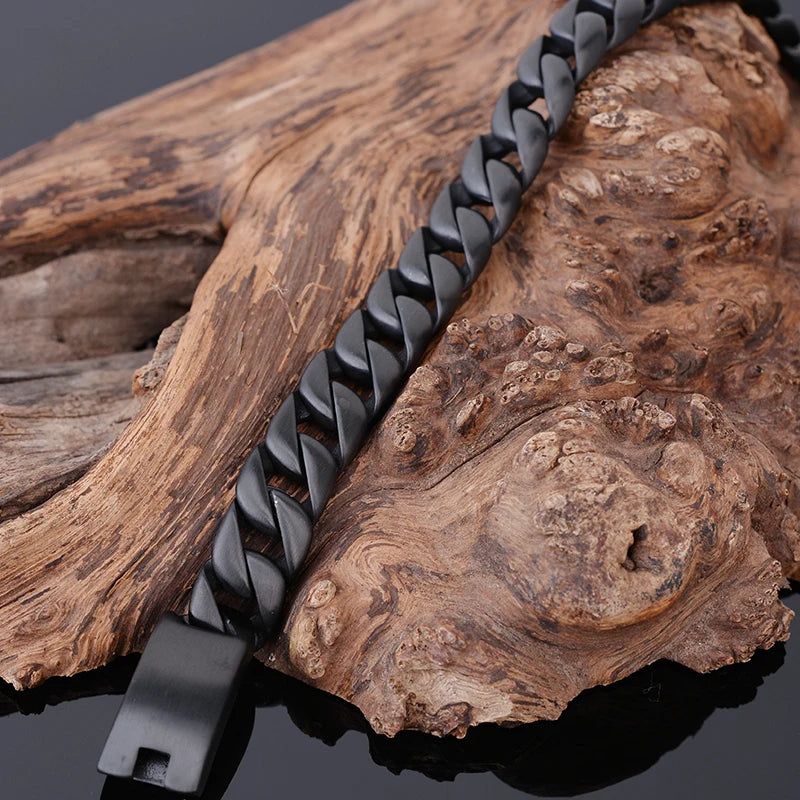 Matte Black Stainless Steel On Hand Bracelet for Men Fashion Men's Bracelets Retro 12MM Curb Link Chain Male Jewelry
