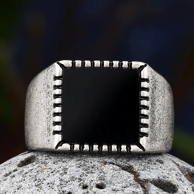 2022 Turkey Jewelry Black Square Ring Men Stainless Steel Mens Rings Natural Onyx Stone Vintage Cool Fashion Retro Punk