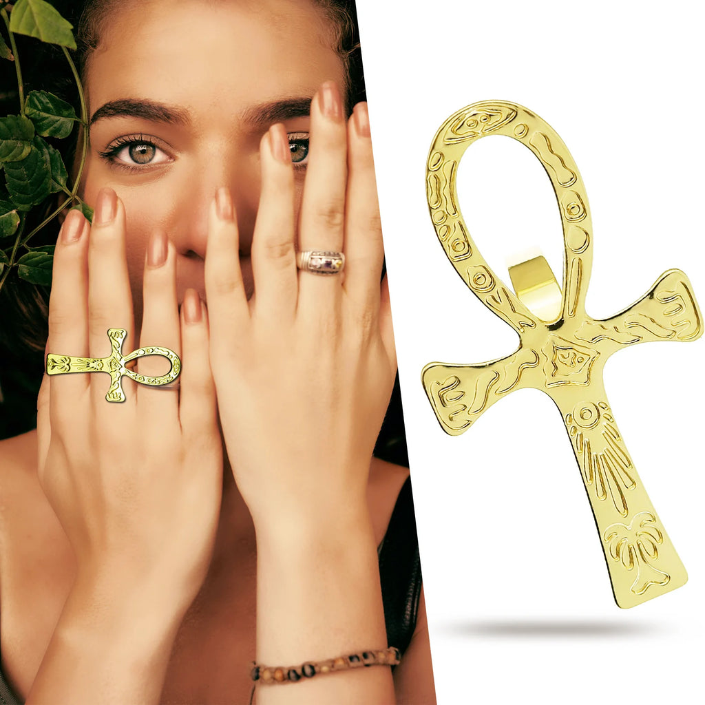 Vintage Carved Egyptian Scriptures Big Ankh Cross Finger Ring For Women Men Gothic Open Crosses Amulet Band Jewelry