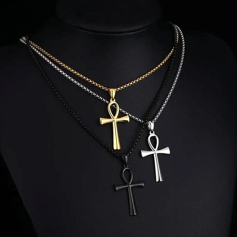 Retro Simple Egyptian Anka Cross Stainless Steel Pendant Necklace Popular Fashion Men and Women Outdoor Party Myth Jewelry Gifts