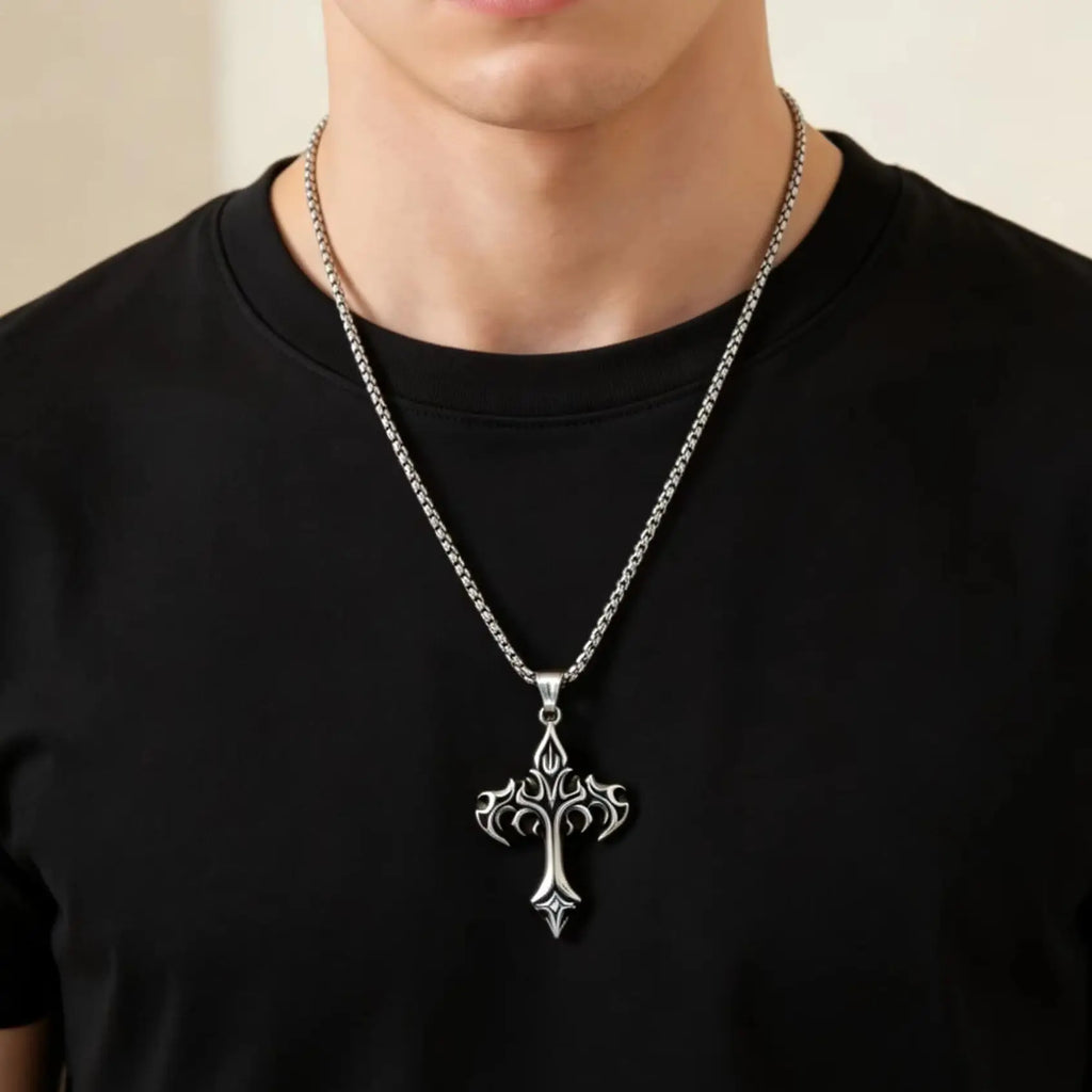 Gothic Hip Hop Flame Cross Pendant Necklace for Men, Silver Color Stainless Steel Non-fading Necklace,Waterproof