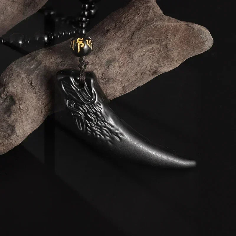 Obsidian Gossip Pendant Necklace Carving Dragon and Phoenix Shape Lucky Amulet Jewelry Six-Character Mantra Pearl