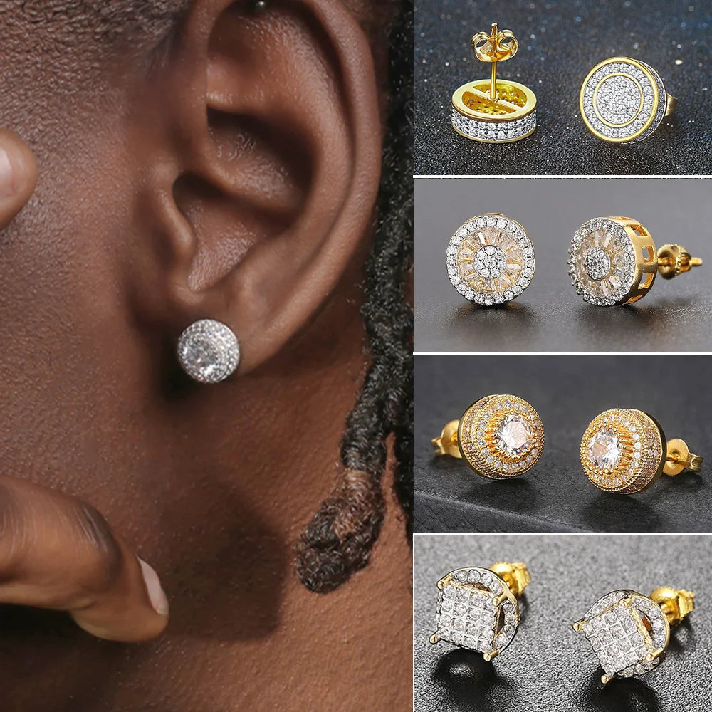 Iced Out Round Stud Earrings — Gold