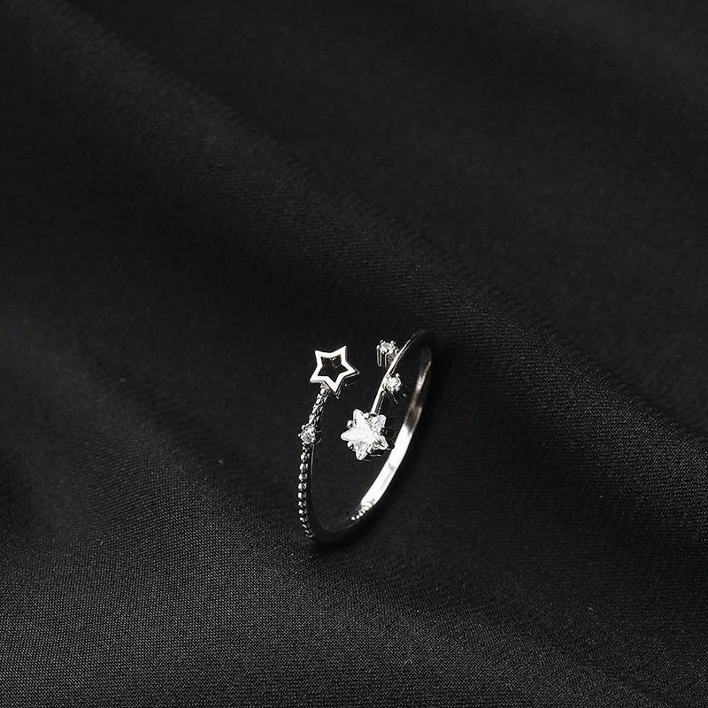 Exquisite 925 Sterling Silver Adjustable Zircon Hollowed-out Five-pointed Star Ring for Women Korean Jewelry Accessories Gifts
