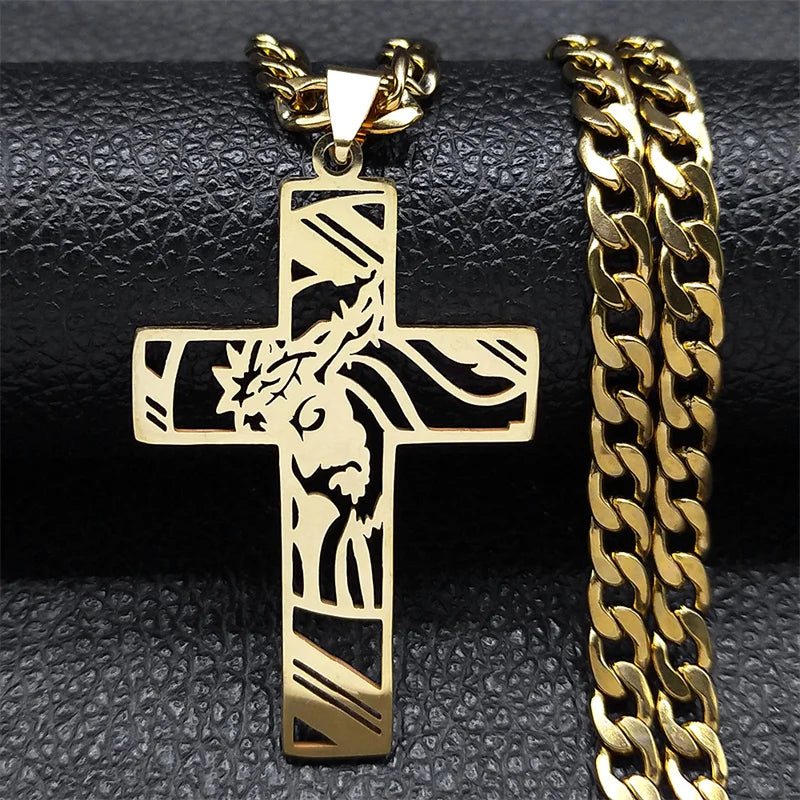 Hip Hop Punk Crown of Thorns Jesus Cross Necklace for Men Stainless Steel Gold Plated Crucifix Pendant Necklaces