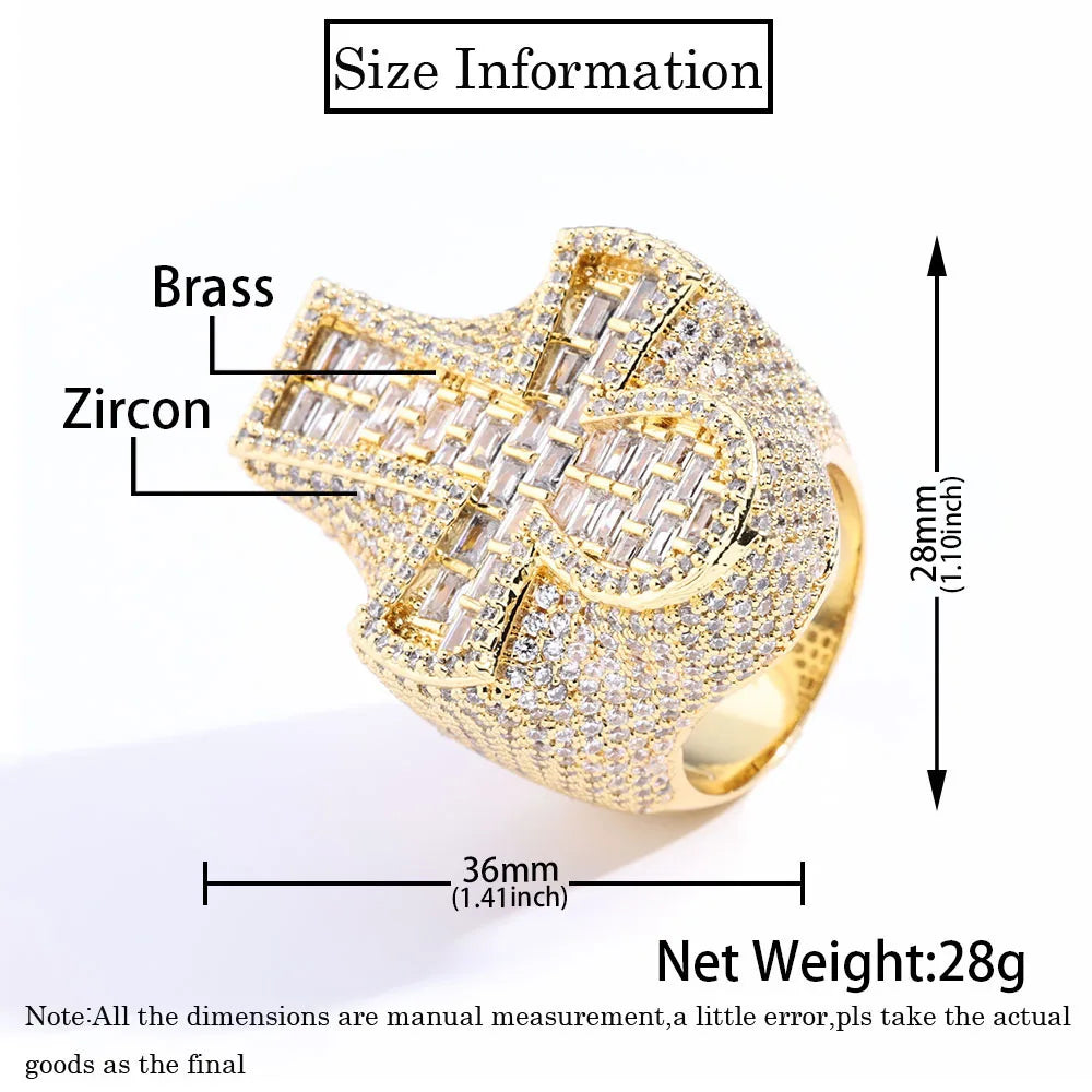 Iced Out Round & T-Shaped Cuban Cross Ring — Copper Alloy