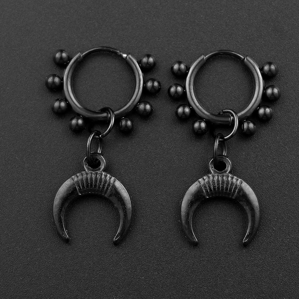 Punk Black Moon Star Hoop Earrings Gothic Crescent Dangle Stainless Steel Beaded Drop Earrings Men Women Hip Hop