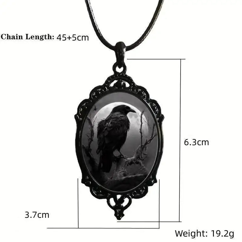 Gothic Crow Black Forest Charm Necklace Fashion Witch Jewelry Gift Pagan Cross Black Cat Skull Glass Pendant Necklace