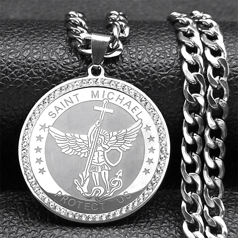 SAINT MICHAEL PROTECT US Archangel Men Crystal Necklace Stainless Steel Gold Color Catholic Religious Necklaces Jewelry