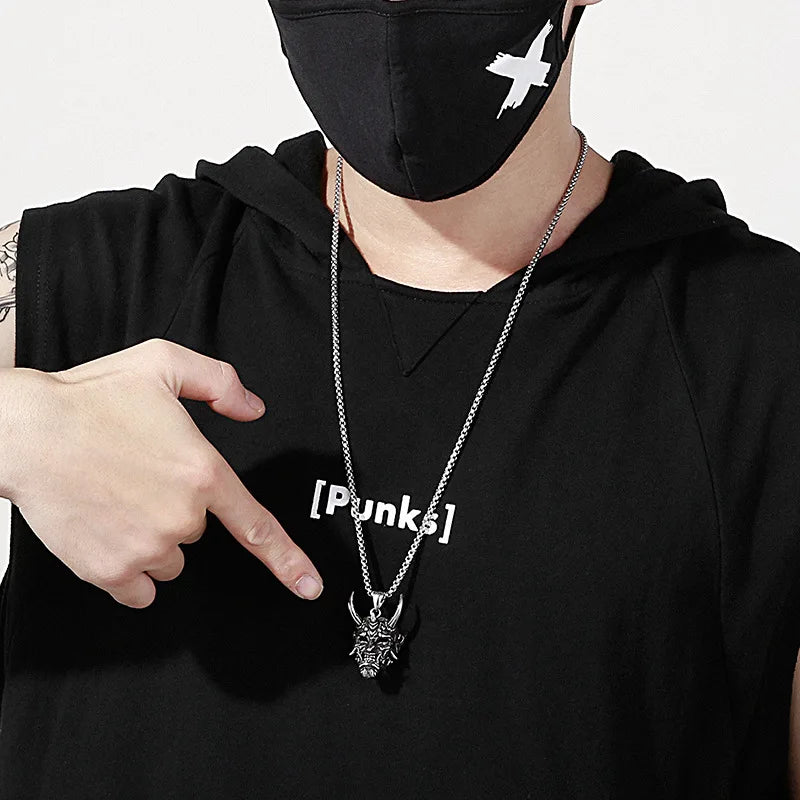 Japanese Hannya Mask Horn Men Necklaces Pendants Stainless Steel Chain Punk for Boyfriend Male Jewelry Creativity Gift Wholesale