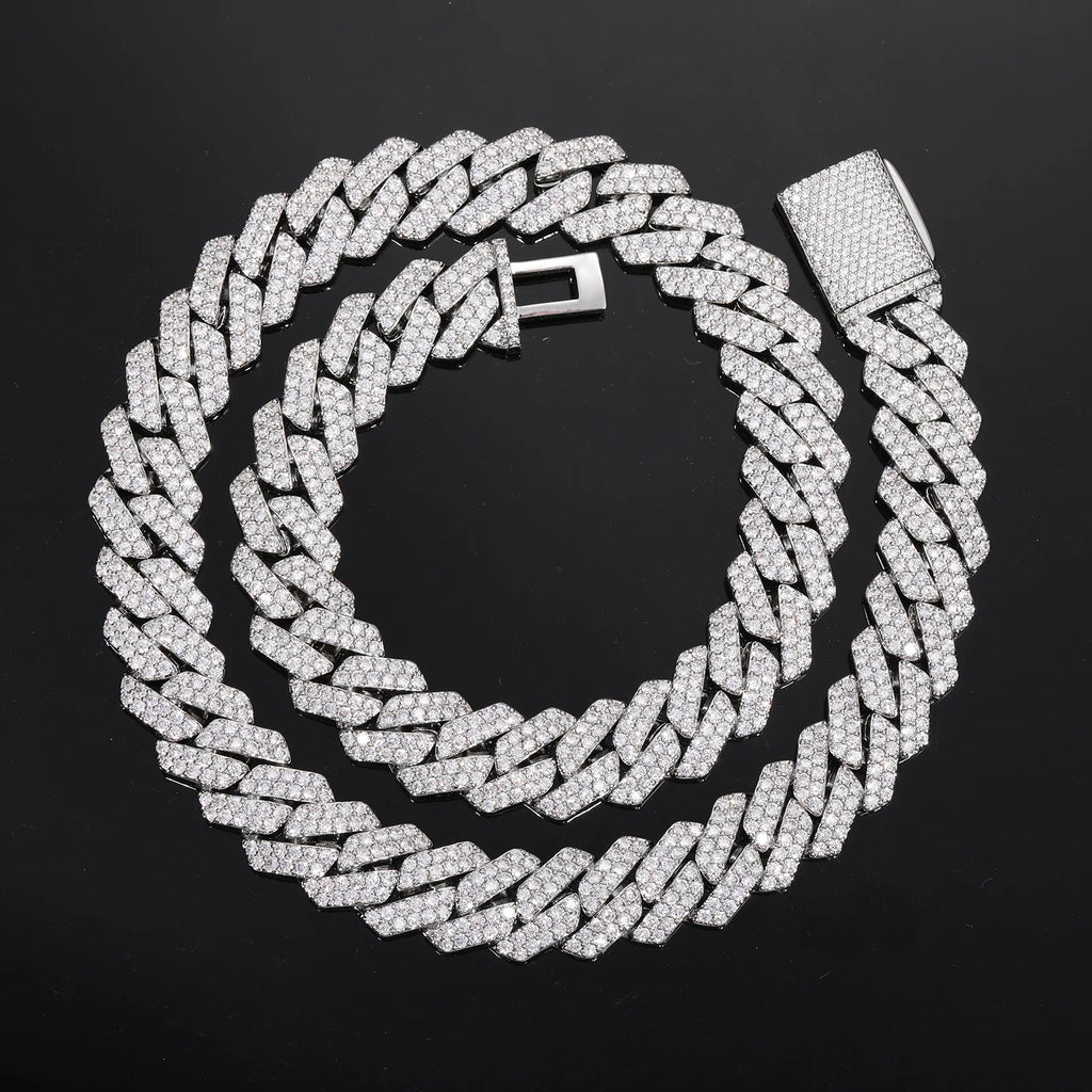 Wide 14mm Rhombus Double Row Cuban Necklace designed for men, delicate artificial diamonds mounted on PT950 Platinum chain