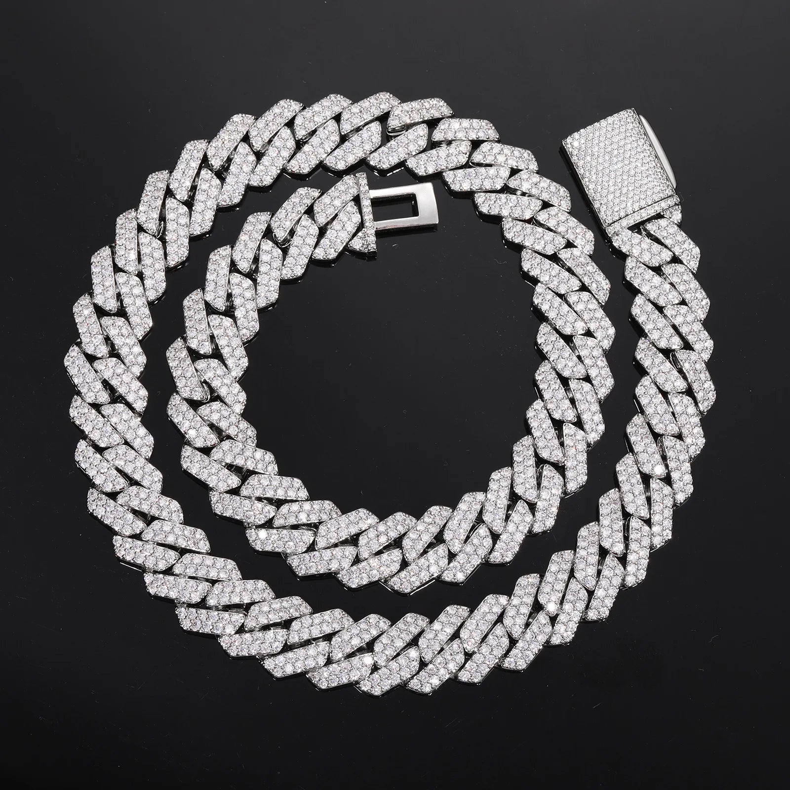 Wide 14mm Rhombus Double Row Cuban Necklace designed for men, delicate artificial diamonds mounted on PT950 Platinum chain