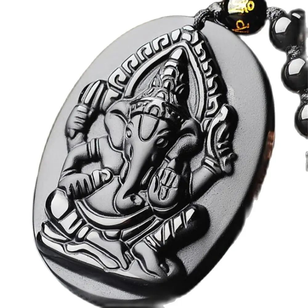 Black Obsidian Elephant Buddha Wealth Necklace — Black-Tone