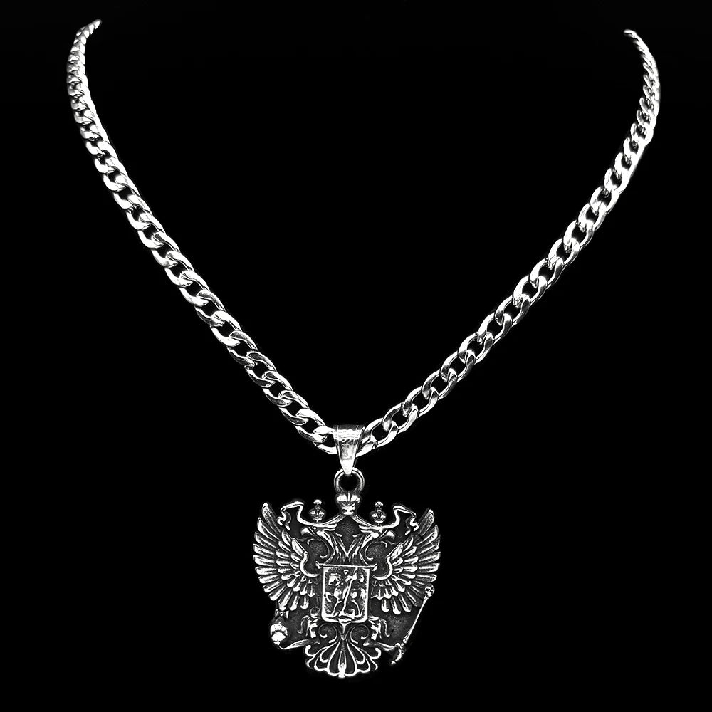 Russian Double-Headed Eagle National Emblem Symbol Pendant Necklace for Women Men Silver Color Stainless Steel Chain Jewelry