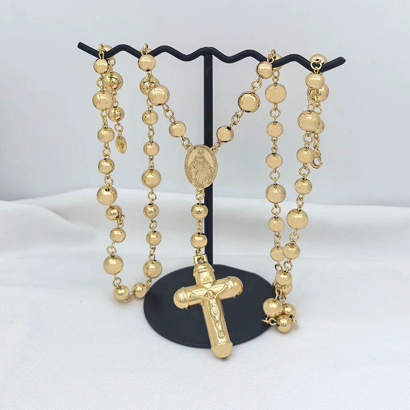 Rosary Cross Pendant Necklace Long Link Chain 90cm — Gold-Tone