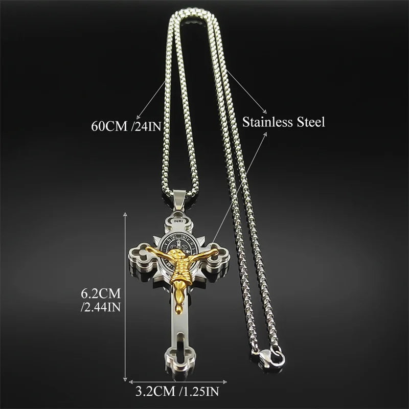 Saint Benedict Crucifix Cross Pendant — INRI Box Chain 60cm