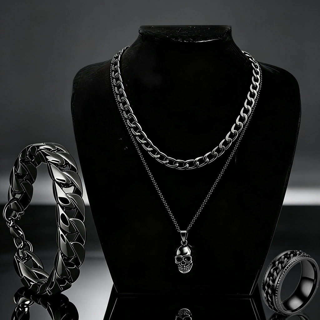 Skull Pendant Necklace, Curb Chain Bracelet & Ring Set — 4 Pcs