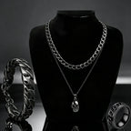 Skull Pendant Necklace, Curb Chain Bracelet & Ring Set — 4 Pcs