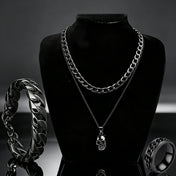 Skull Pendant Necklace, Curb Chain Bracelet & Ring Set — 4 Pcs