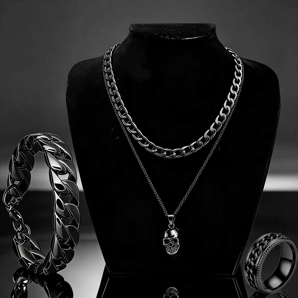 Skull Pendant Necklace, Curb Chain Bracelet & Ring Set — 4 Pcs