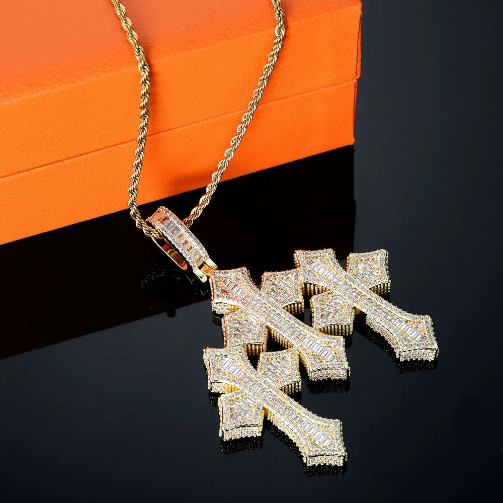 High Quality 3Inch Mens Hip Hop Cross Pendant New Release Iced out Triple Cross with Stone Charm Necklace Made Brass