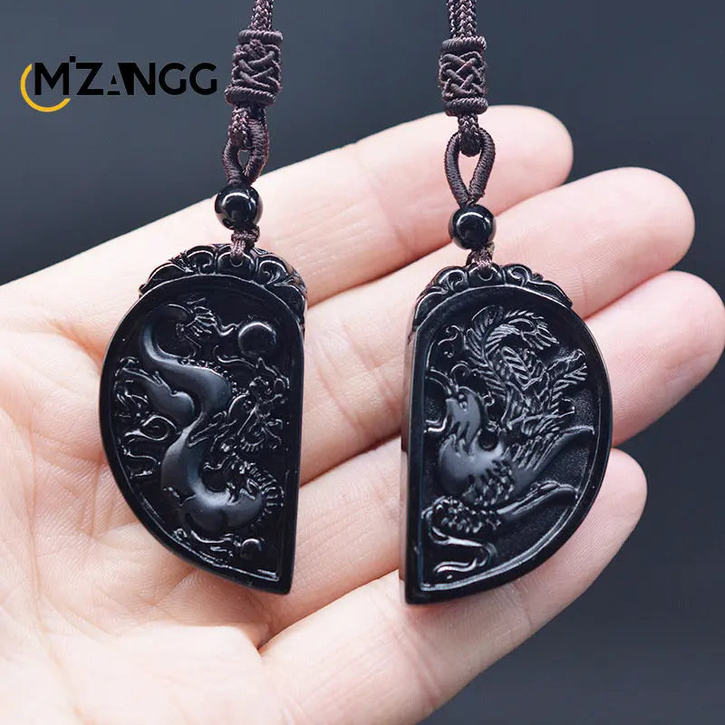 Natural Obsidian Dragon and Phoenix Pendant Personalized Couple Heart-shaped Pendant Men and Women Holiday Gift Necklace