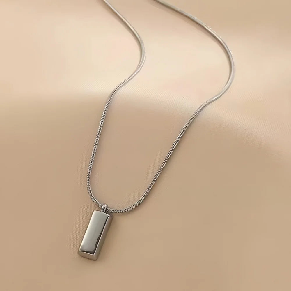 Silver Color Simple Square Pendant Necklace Retro Stainless Steel Long Men Necklace Fashion Hip Hop Jewelry Trendy Accessories