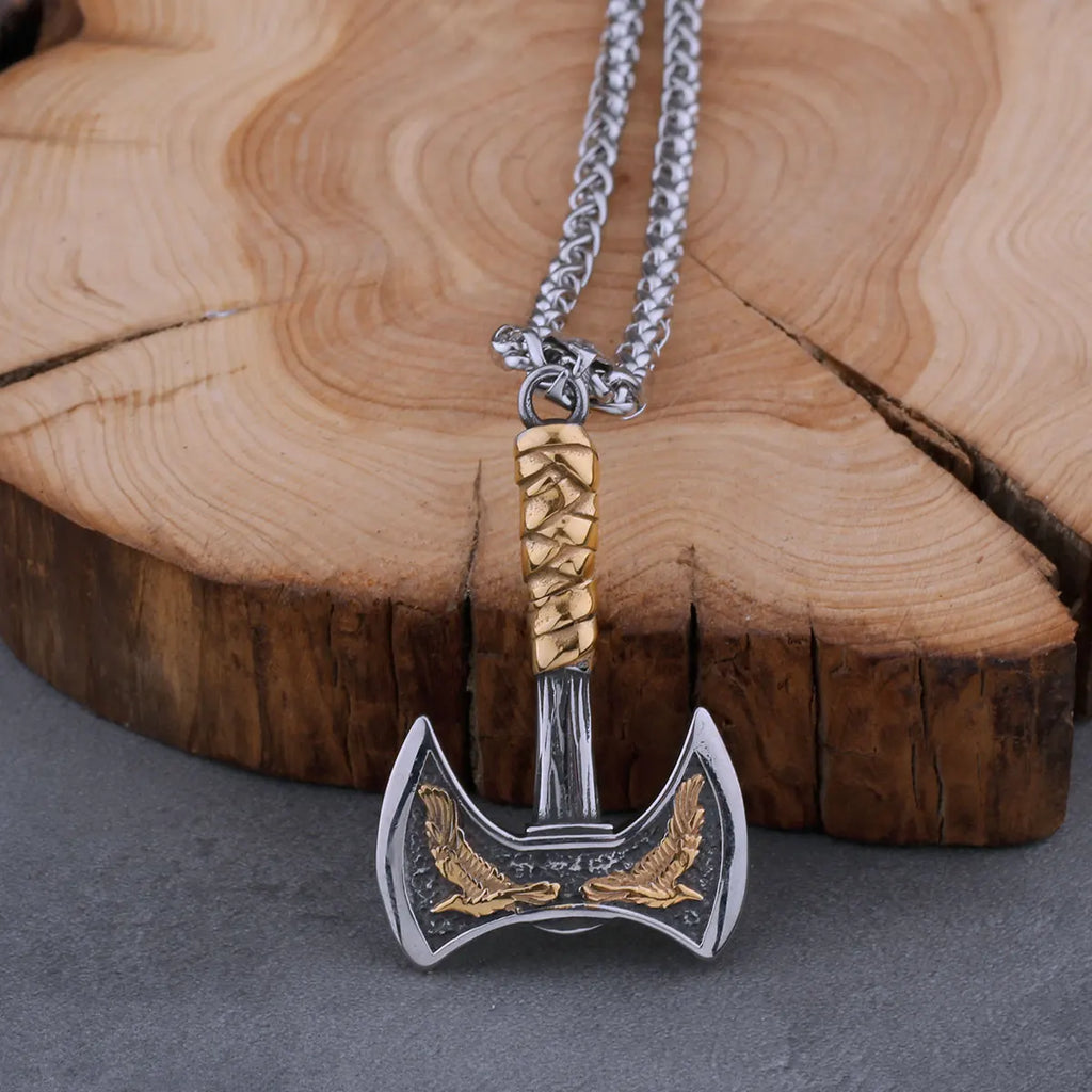 Stainless Steel Viking Warrior Odin Axe and Raven Necklace Men Fashion Hip Hop Amulet Pendant Viking Jewelry Boyfriend