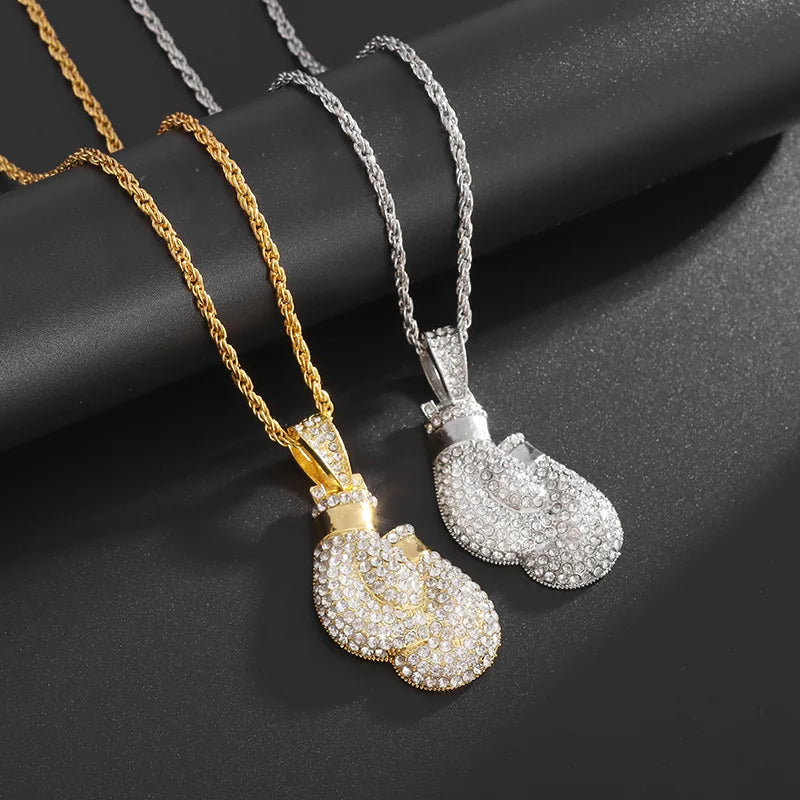 Gold Iced Out Boxing Gloves Pendant Necklace