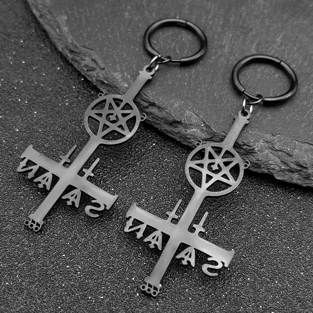 Cross Silver Earrings Satan Inverted Pentagram