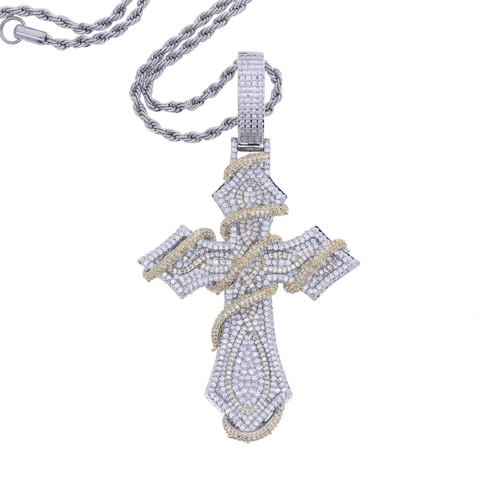 2026 New Iced Out Barbed Wire Wrapped Cross Pendant Necklace Silver Color Cubic Zirconia CZ Charm For Men Hip Hop Jewelry