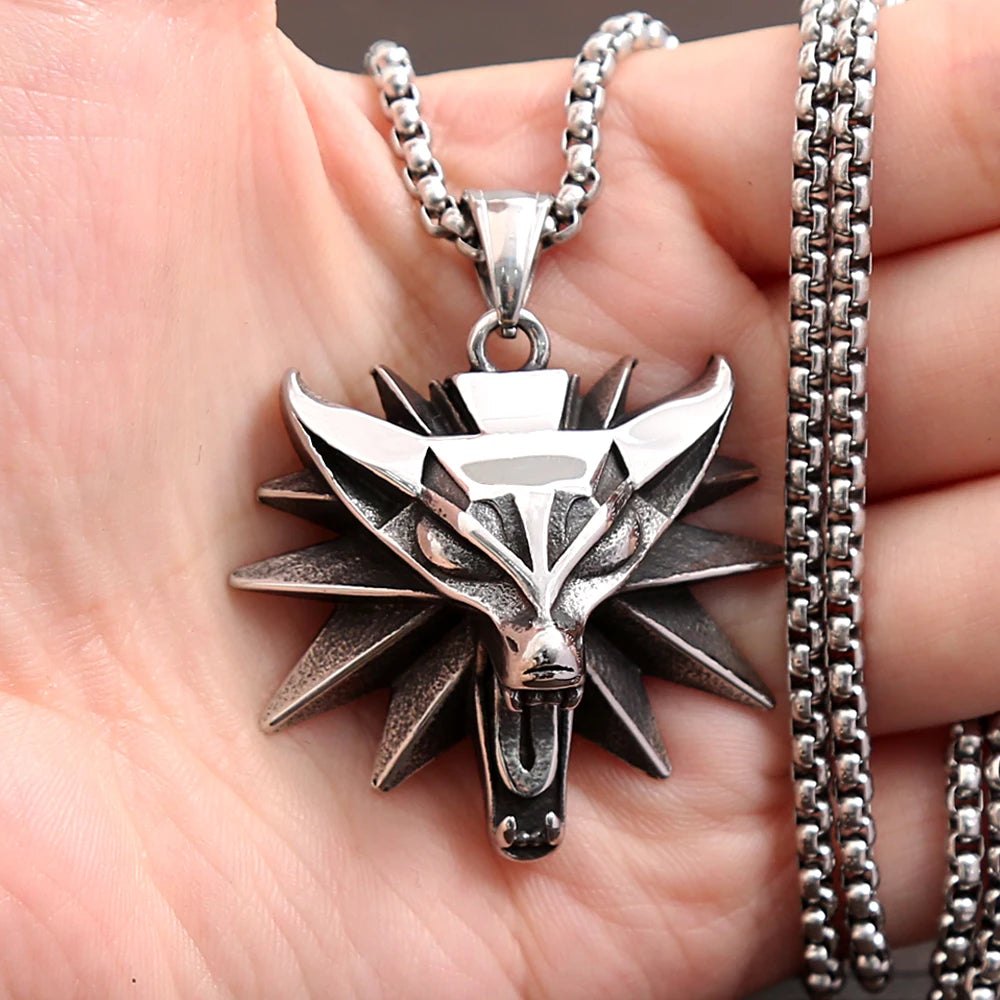 Fashion Vintage Viking Wolf Head Pendant Necklace Mens Punk Biker Stainless Steel Geralt of Rivia Slavic Necklaces