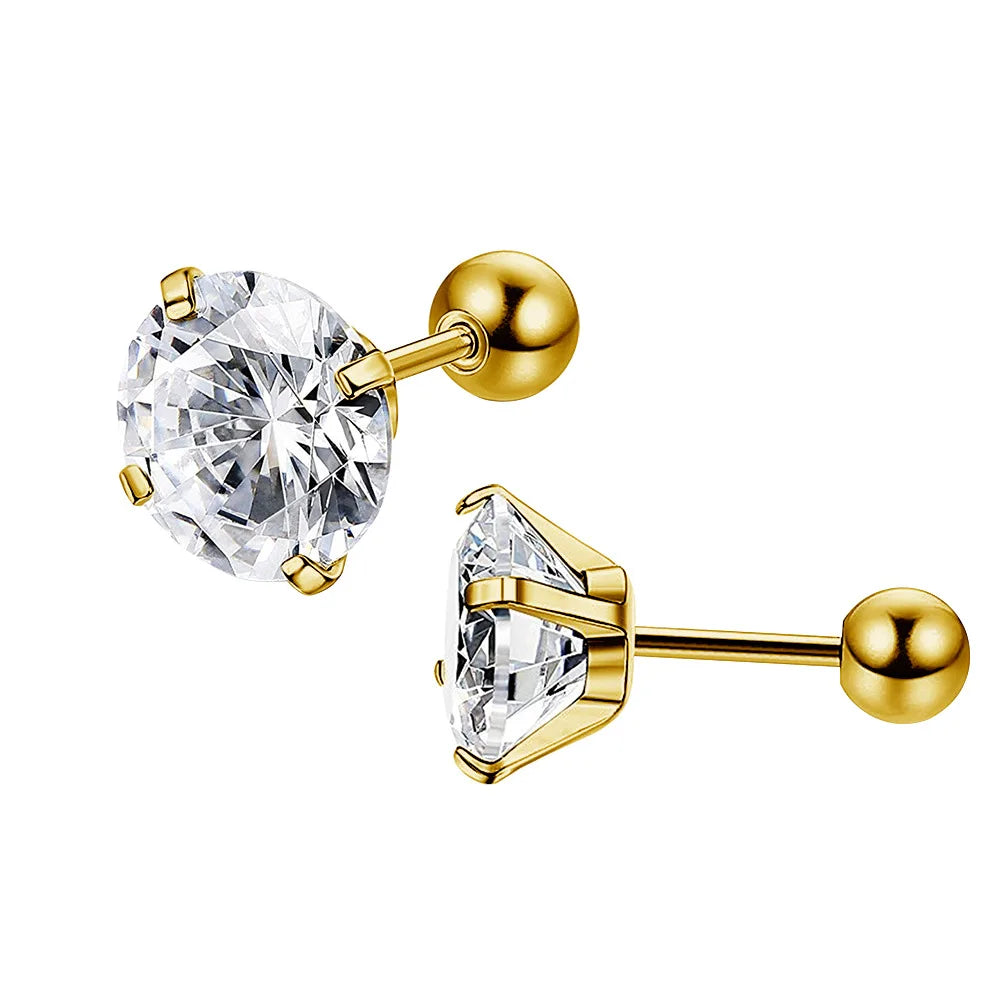 1 Pair 3-8mm Classic Round/Flat Back Screw Stud Earrings for Women/Men Stainless Steel  Shiny Zircon Crystal Piercing Jewelry