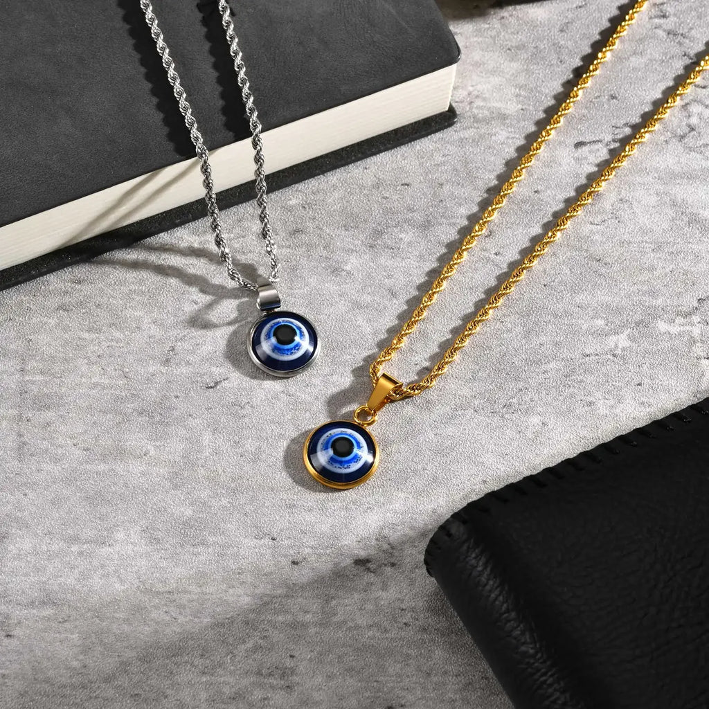 Stainless Steel Turkish Evil Eye Necklaces for Men, Blue Eye Round Pendant Necklace, Ethnic Collar Jewelry