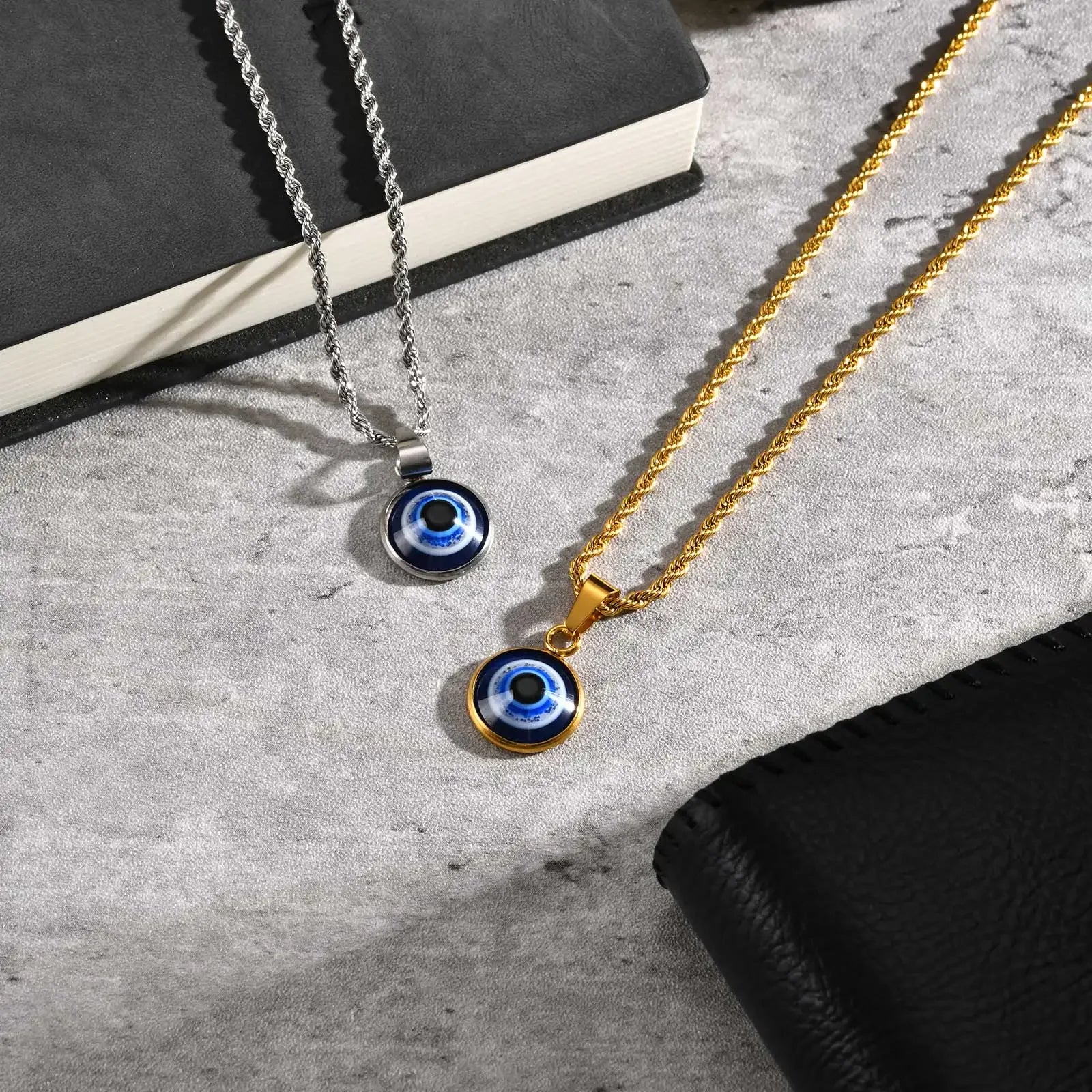 Stainless Steel Turkish Evil Eye Necklaces for Men, Blue Eye Round Pendant Necklace, Ethnic Collar Jewelry
