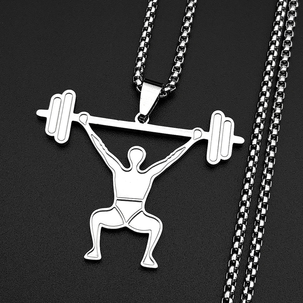 Gym Fitness Squat Weightlifter Barbell Pendant Necklace For Men Stainless Steel Male Sports Theme Hiphop Chain Jewelry