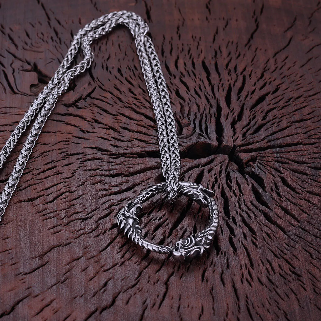 Stainless Steel Vikings Dragon Ouroboros Pendant Scandinavia Nordic Culture Rune Amulet Necklace Men's Punk Hip Hop