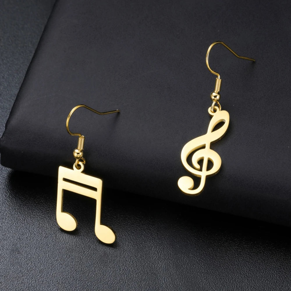 Music Note Drop Earrings for Women — Asymmetric Stainless Steel