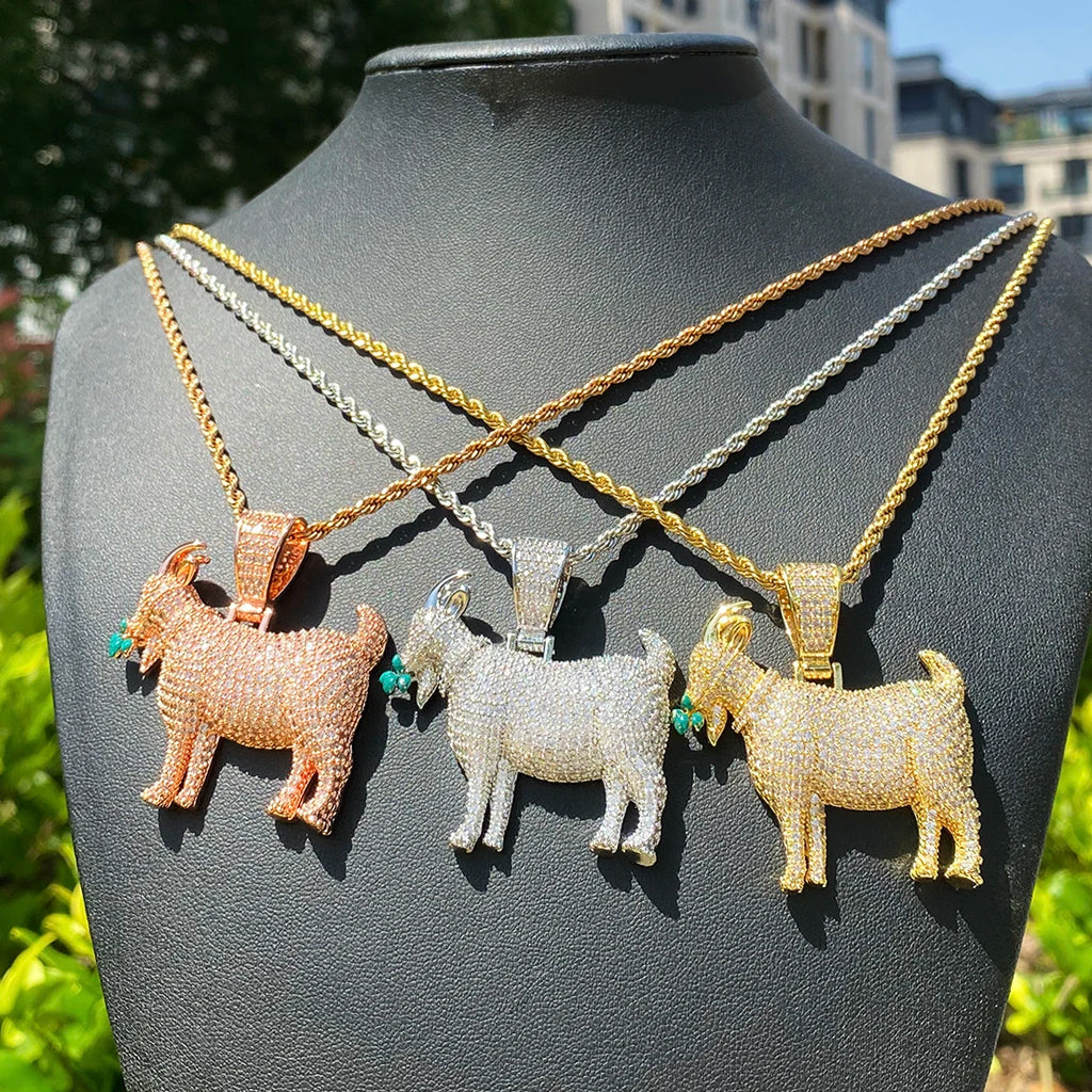 Aokaishen Iced Out Goat Grass Necklace Pendant for Men Real Gold Plated 5A Cubic Zirconia Hip Hop Jewelry