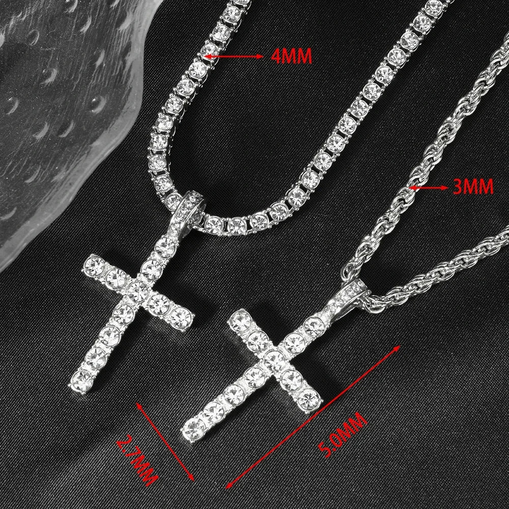 Hip Hop Iced Out Cross Pendant Necklace Strap 4mm Zircon Tennis Chain Men Women Sparkling Necklace Punk Jewelry Fashion Gift