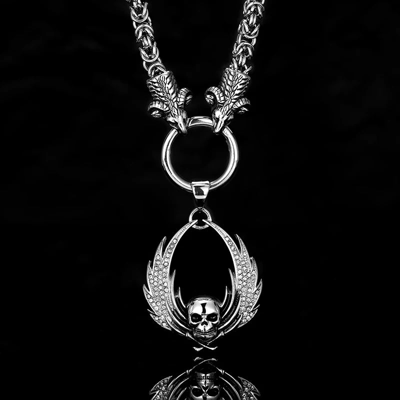 Fallen Angel Wings Skull Pendant Necklace — Stainless Steel